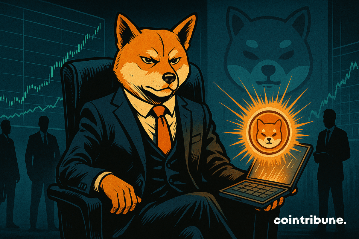 A symbolic anthropomorphic Shiba Inu, embodying the SHIB token, seated authoritatively in a large CEO-style armchair, one leg crossed, one hand resting calmly on the armrest, the other holding an open, stylized crypto wallet glowing with light.