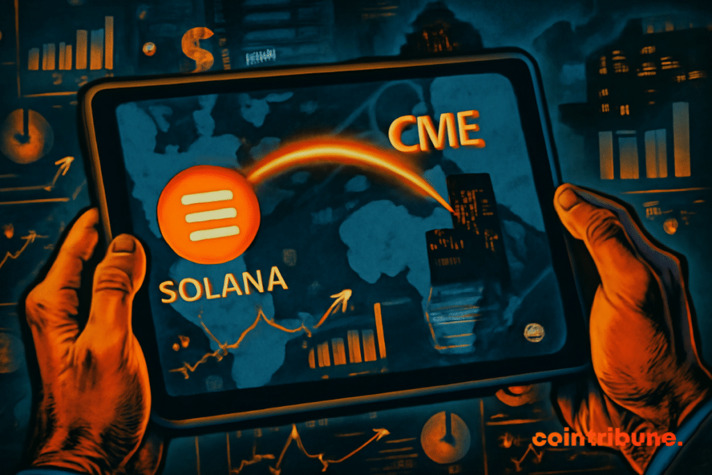 Un comerciante sostiene una tableta que muestra el aumento de Solana en CME.