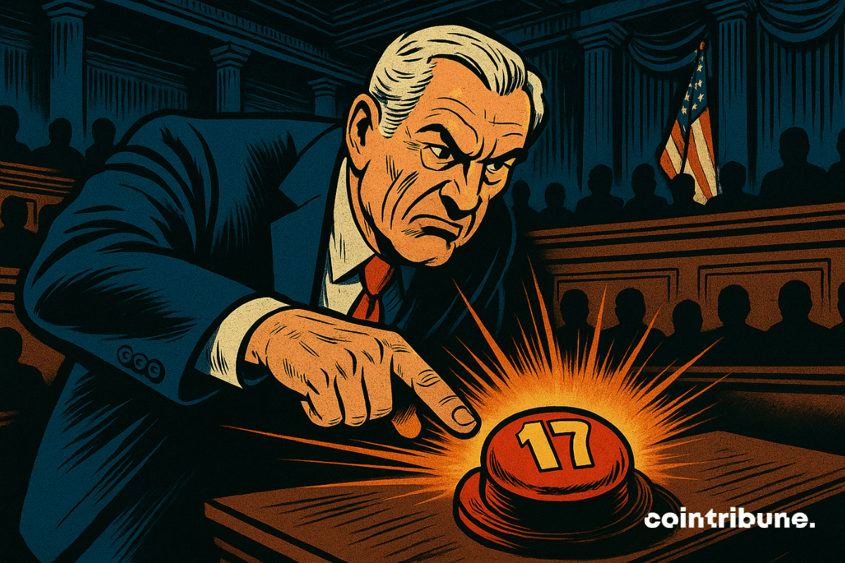 A tense-faced U.S. senator prepares to press a red button marked "17," symbolizing a crucial vote on a crypto-related bill.
