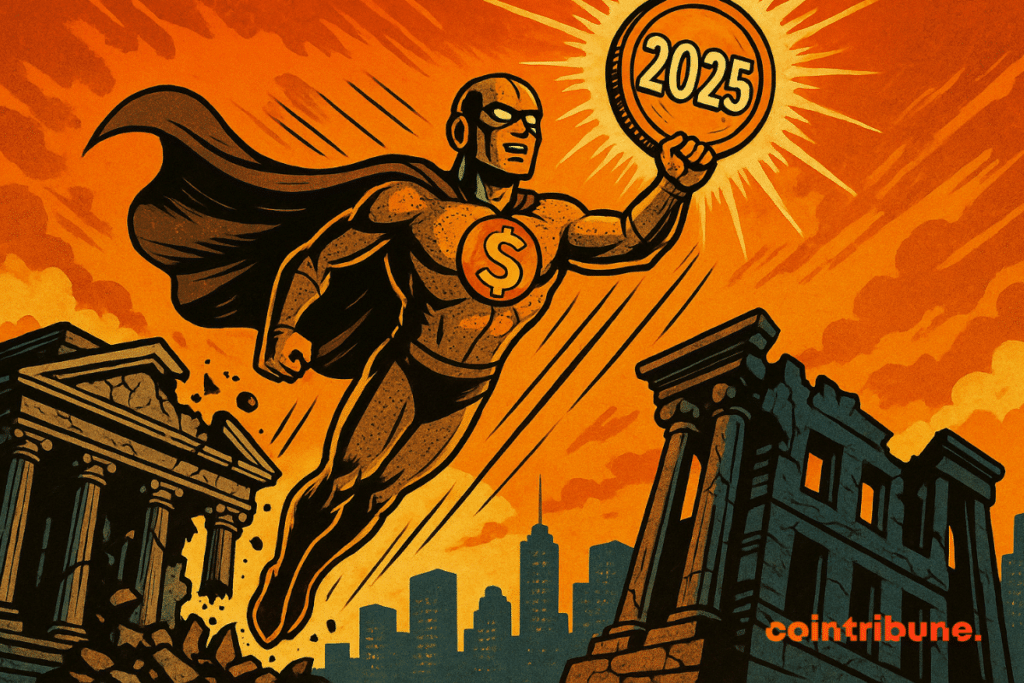 Uma stablecoin com um cifrão levanta uma moeda "2025" sobre um banco em ruínas.
