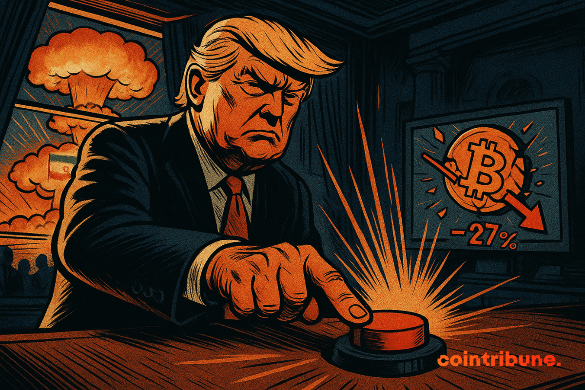 Donald Trump aperta o botão vermelho, atrás dele surge uma nuvem de cogumelo nuclear associada à bandeira iraniana e ao seu lado um gráfico mostrando a queda do bitcoin