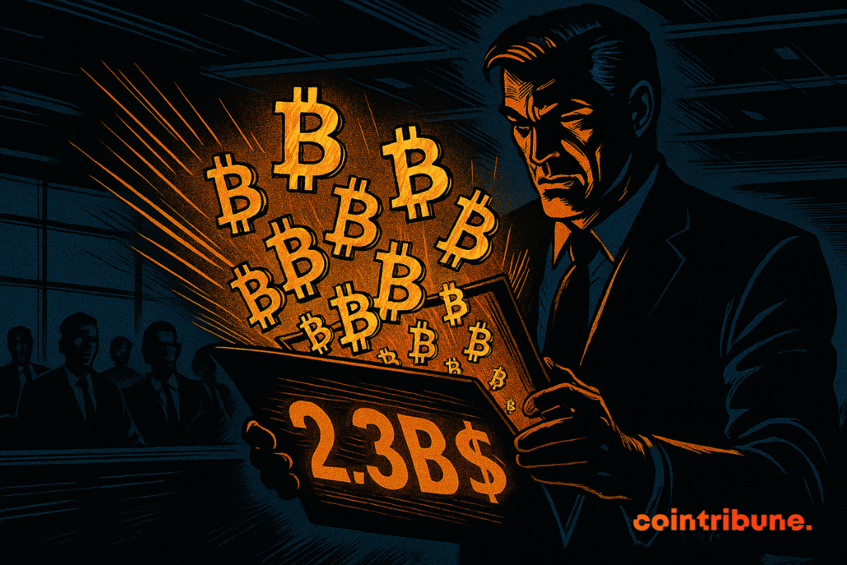 Um empresário de terno segura uma carteira aberta, com Bitcoins flutuando e o número “$2.3B” brilhando em laranja, criando uma atmosfera dinâmica e intensa, simbolizando uma importante decisão financeira.