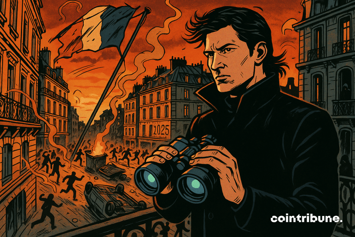 A brooding man, referencing Telegram, watches a chaotic Parisian street from a Haussmann-style balcony at sunset.