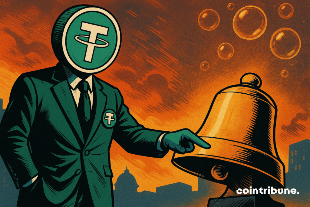 A cripto Tether em forma humana, vestindo terno de três peças e um distintivo com a letra “T”.