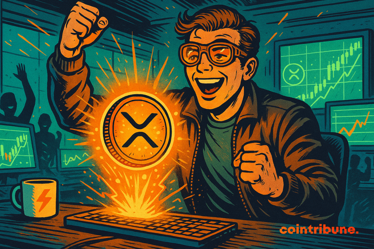 Negociador de criptomoedas feliz comemorando em uma sala futurista enquanto uma moeda XRP brilhante flutua acima do teclado.
