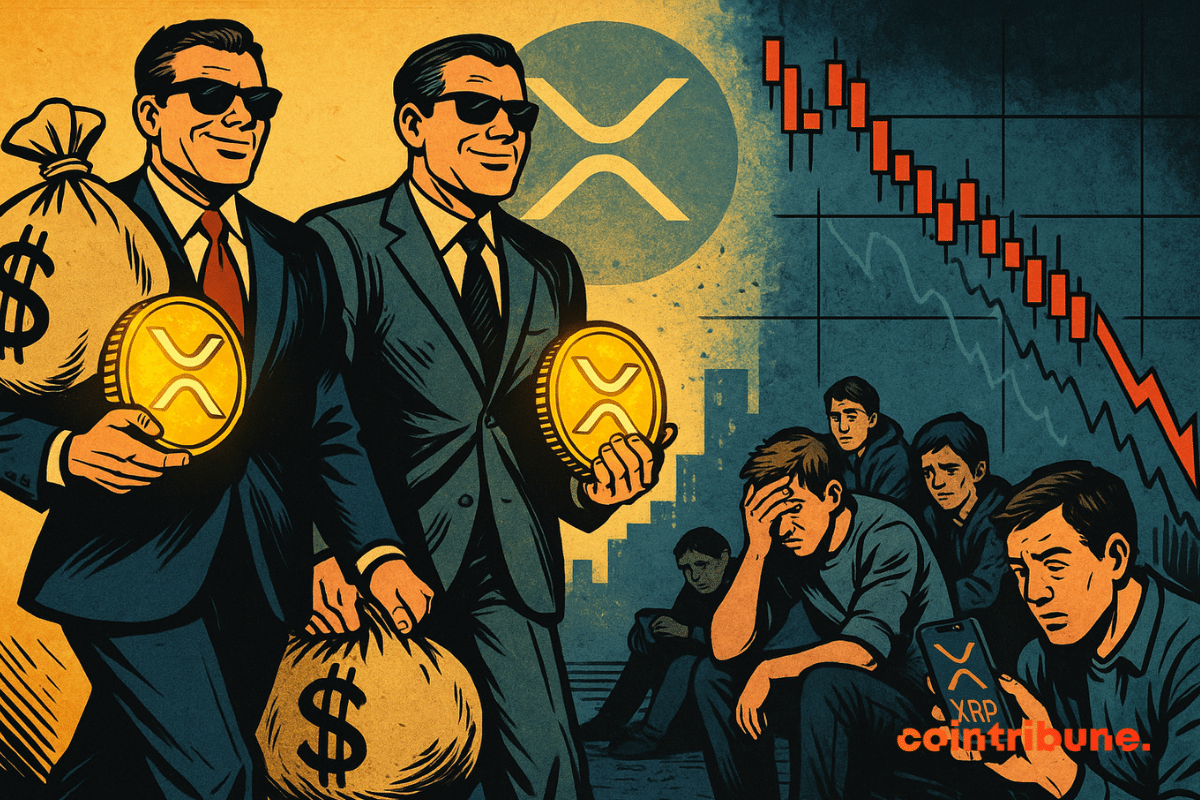 Los inversores se marchan ricos mientras los traders observan un gráfico de XRP en caída.