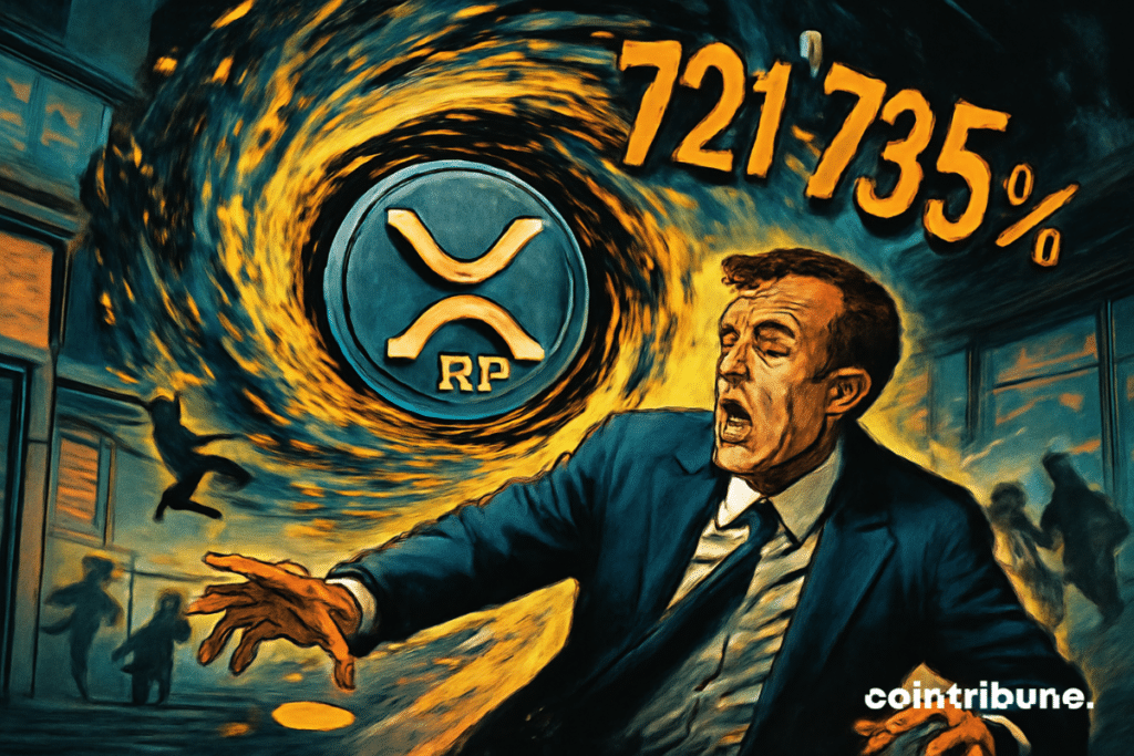 Un inversor de criptomonedas, un hombre de mediana edad, vestido con un traje oscuro, está paralizado al borde del vórtice, mirando la escena con una expresión de pánico y confusión. Está completamente atrapado en el momento, sin saber qué hacer.