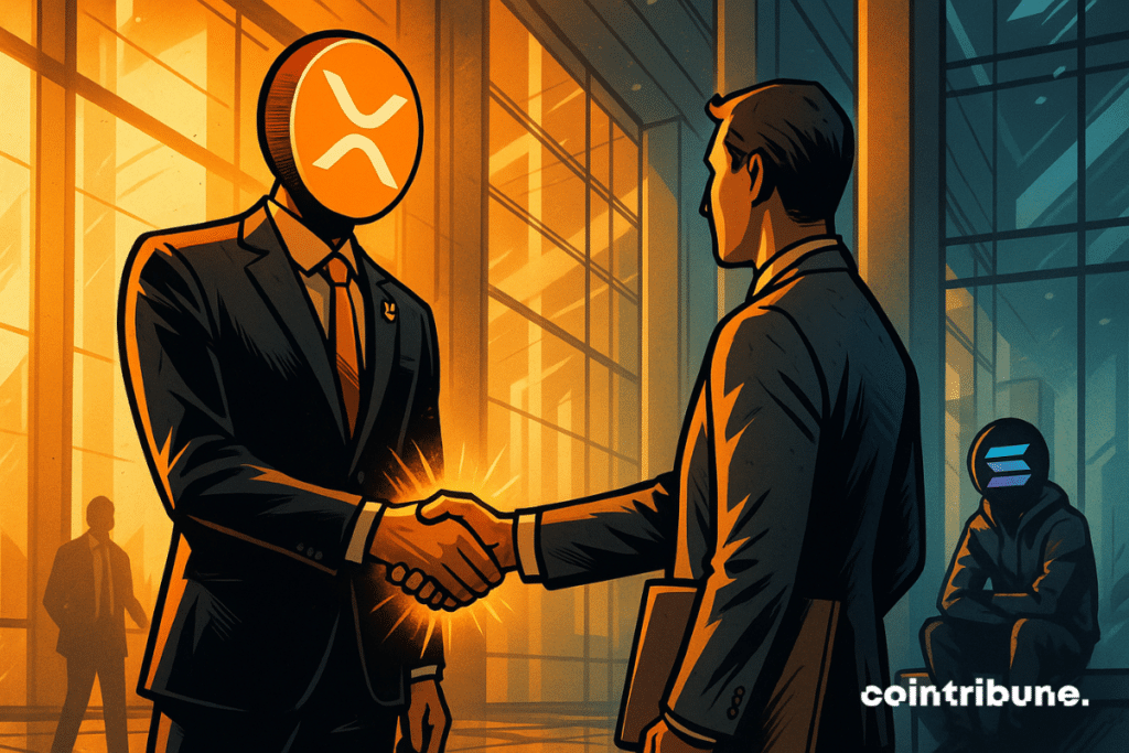 O aperto de mão entre o XRP e um investidor cripto diante de um Solana personificado