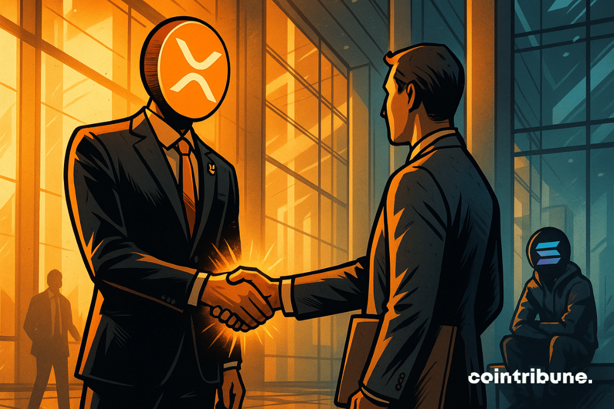 O aperto de mão entre o XRP e um investidor cripto diante de um Solana personificado