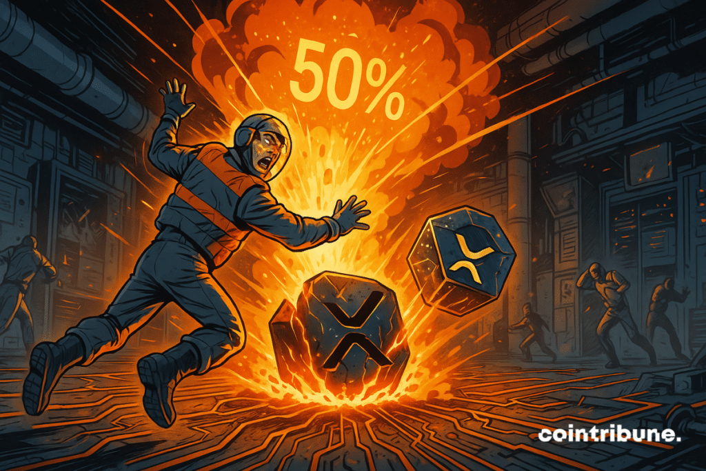 Um técnico em criptomoedas projeta um vago problema de energia solar. Sob o sol, um gigantesco logotipo metálico estilizado do XRP, dividido e iluminado internamente, emite linhas de dados brilhantes e arcos de energia laranja. Um "50%" flutuante em algarismos digitais é representado acima, juntamente com um holograma instável.