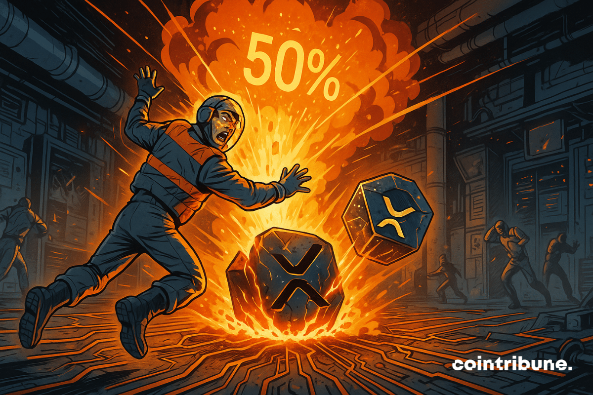 Um técnico em criptomoedas projeta um vago problema de energia solar. Sob o sol, um gigantesco logotipo metálico estilizado do XRP, dividido e iluminado internamente, emite linhas de dados brilhantes e arcos de energia laranja. Um "50%" flutuante em algarismos digitais é representado acima, juntamente com um holograma instável.