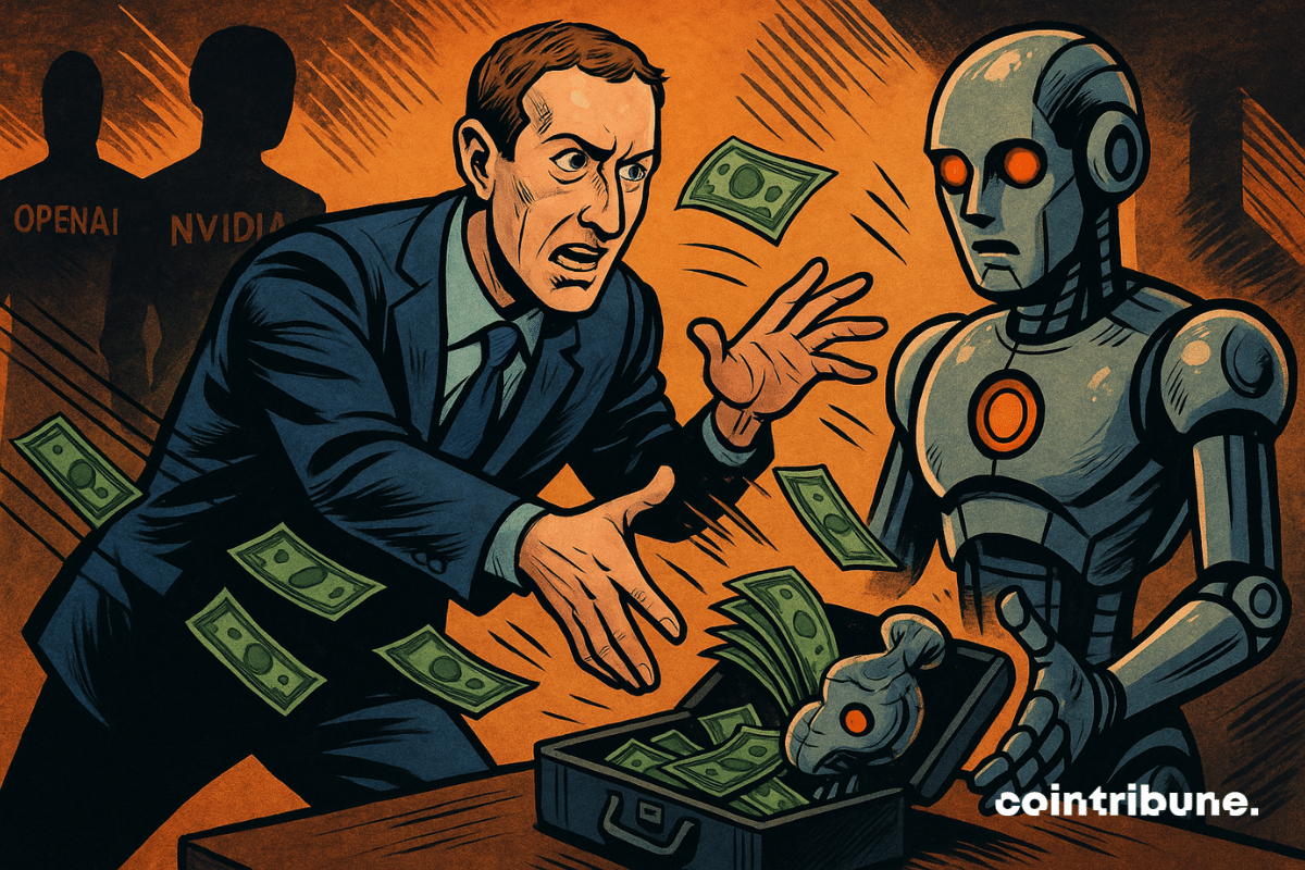 Caricatura de Mark Zuckerberg jogando pacotes de dólares em um robô
