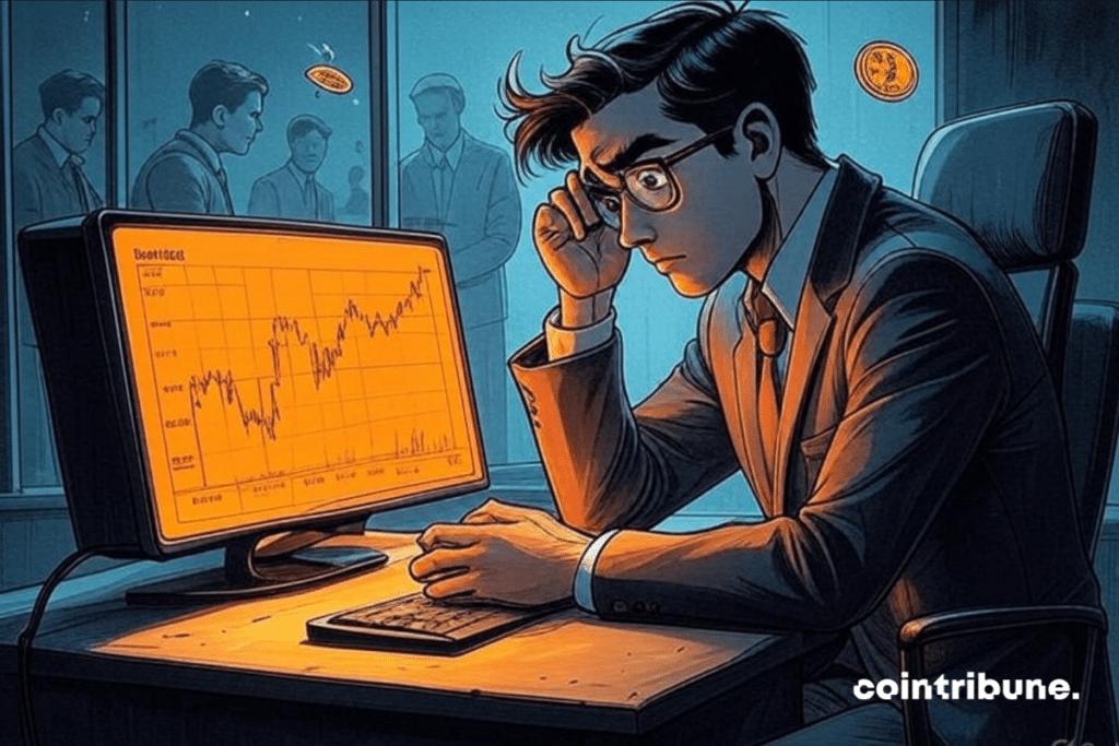 Uma ilustração em estilo de história em quadrinhos dos anos 1970, widescreen. Um jovem trader de criptomoedas sozinho em um escritório escuro e de tons frios, inclinado para a frente, segurando a cabeça em frustração. Seu rosto é iluminado por uma grande tela laranja brilhante exibindo um gráfico BTC/USD congelado pouco antes de um pico, com o número "69000". Uma pequena moeda de Bitcoin alada flutua para cima. Sombras nítidas, linhas expressivas e um forte contraste entre o laranja quente e o azul frio.