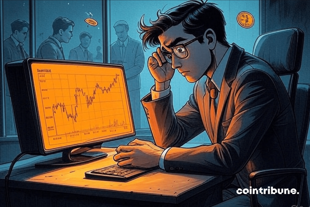 Uma ilustração em estilo de história em quadrinhos dos anos 1970, widescreen. Um jovem trader de criptomoedas sozinho em um escritório escuro e de tons frios, inclinado para a frente, segurando a cabeça em frustração. Seu rosto é iluminado por uma grande tela laranja brilhante exibindo um gráfico BTC/USD congelado pouco antes de um pico, com o número "69000". Uma pequena moeda de Bitcoin alada flutua para cima. Sombras nítidas, linhas expressivas e um forte contraste entre o laranja quente e o azul frio.