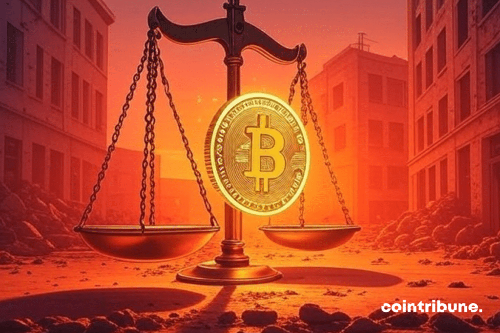 Uma balança gigante, em estilo antigo, domina uma praça urbana devastada. Acima da balança, um símbolo 3D do Bitcoin, brilhando em um intenso tom laranja-dourado, é integrado como um pivô. Ambas as partes da balança estão vazias, mas a atmosfera está saturada com uma luz laranja brilhante, criando um contraste marcante com o cenário sombrio de uma cidade em ruínas. O estilo evoca os quadrinhos dos anos 1970, com traços fortes de tinta e composição dinâmica.