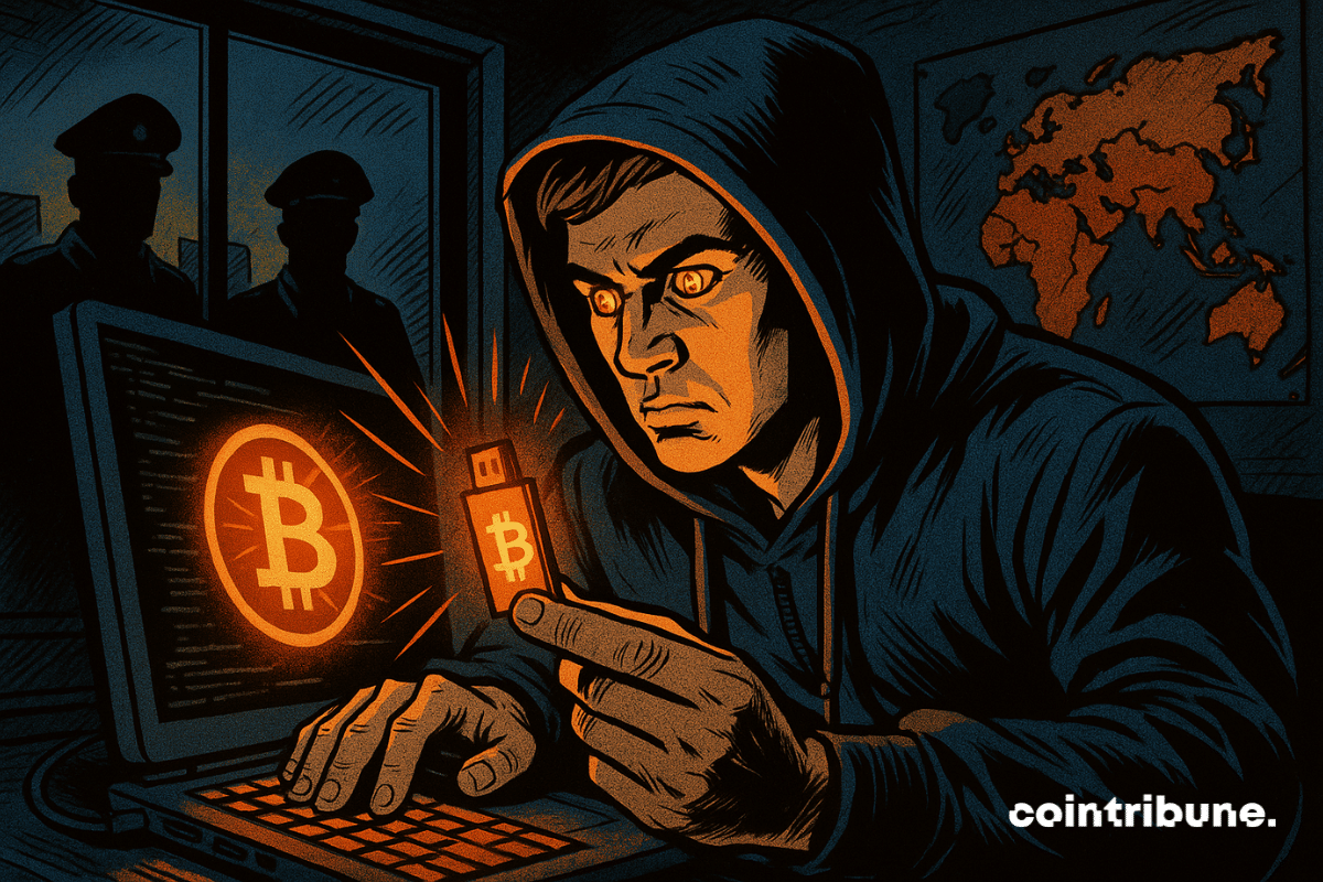 Um hacker determinado, iluminado pelo brilho laranja de um logotipo Bitcoin, segura um pen drive criptografado. Atrás dele, militares o observam, simbolizando a vigilância em um mundo opressivo.