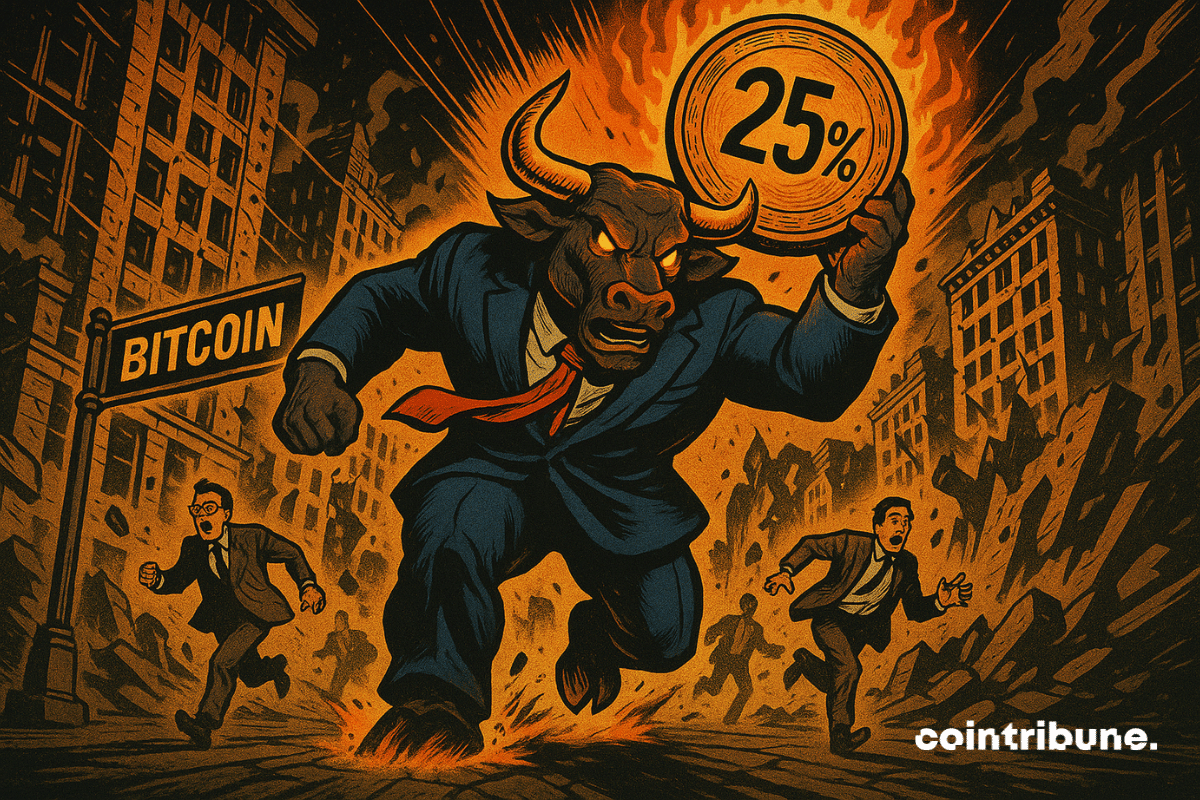 Um touro antropomórfico fantasiado surge na Wall Street em ruínas, empunhando uma moeda Bitcoin em chamas marcada com “25%”, semeando o caos e o pânico entre os traders em fuga.