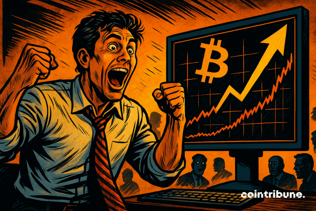 Um trader eufórico explode de alegria diante de uma tela que mostra uma alta espetacular do Bitcoin. O clima eletrizante, as silhuetas chocadas e as cores vivas reforçam a tensão dramática.