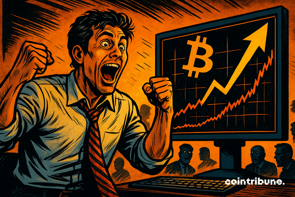 Um trader eufórico explode de alegria diante de uma tela que mostra uma alta espetacular do Bitcoin. O clima eletrizante, as silhuetas chocadas e as cores vivas reforçam a tensão dramática.