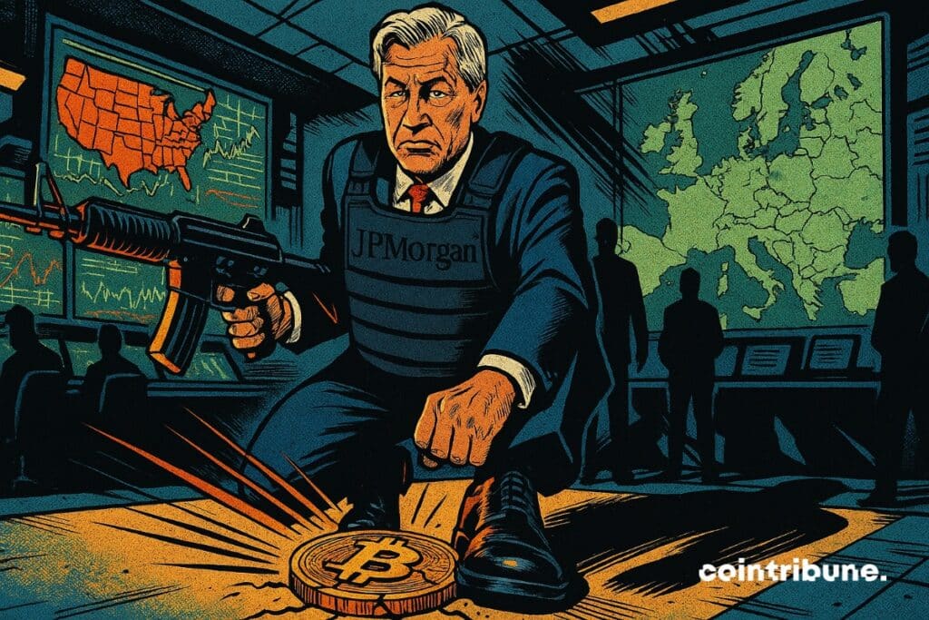 El director ejecutivo de JPMorgan, con chaleco antibalas, en una sala de mando aplastando una moneda de bitcoin con el pie. Tiene un arma de fuego como arma.