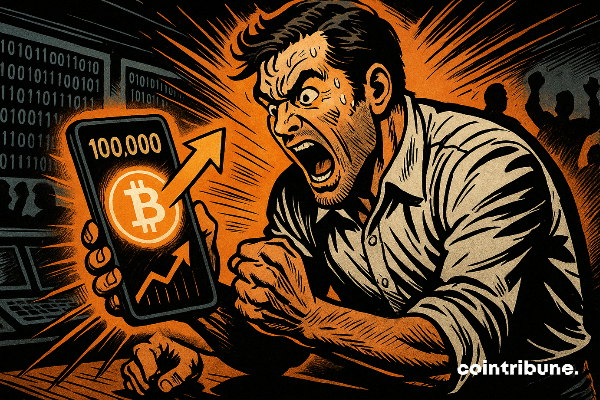 A trader in a shirt, face sweaty and eyes wide, holding up a smartphone displaying a rising Bitcoin chart. A dark background with bright orange accents, dynamic lines emphasize the excitement and palpable tension.