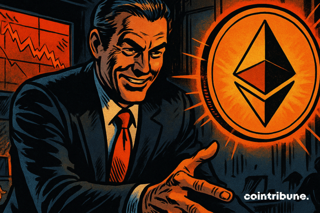 Em um pregão em crise, um homem de terno pega um Ethereum brilhante, enquanto figuras em pânico fogem, ressaltando a tensão de uma crise financeira iminente.