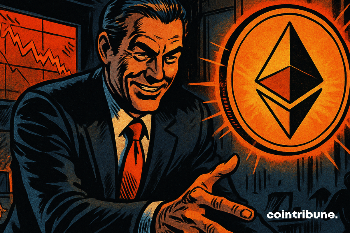In a trading floor in crisis, a man in a suit reaches for a glowing Ethereum, while panicked figures flee, underscoring the tension of an impending financial crash.