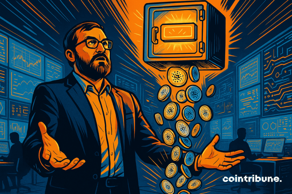 Charles Hoskinson, fundador da Cardano, cria ADA de um cofre digital em um escritório futurista cheio de telas holográficas brilhantes.