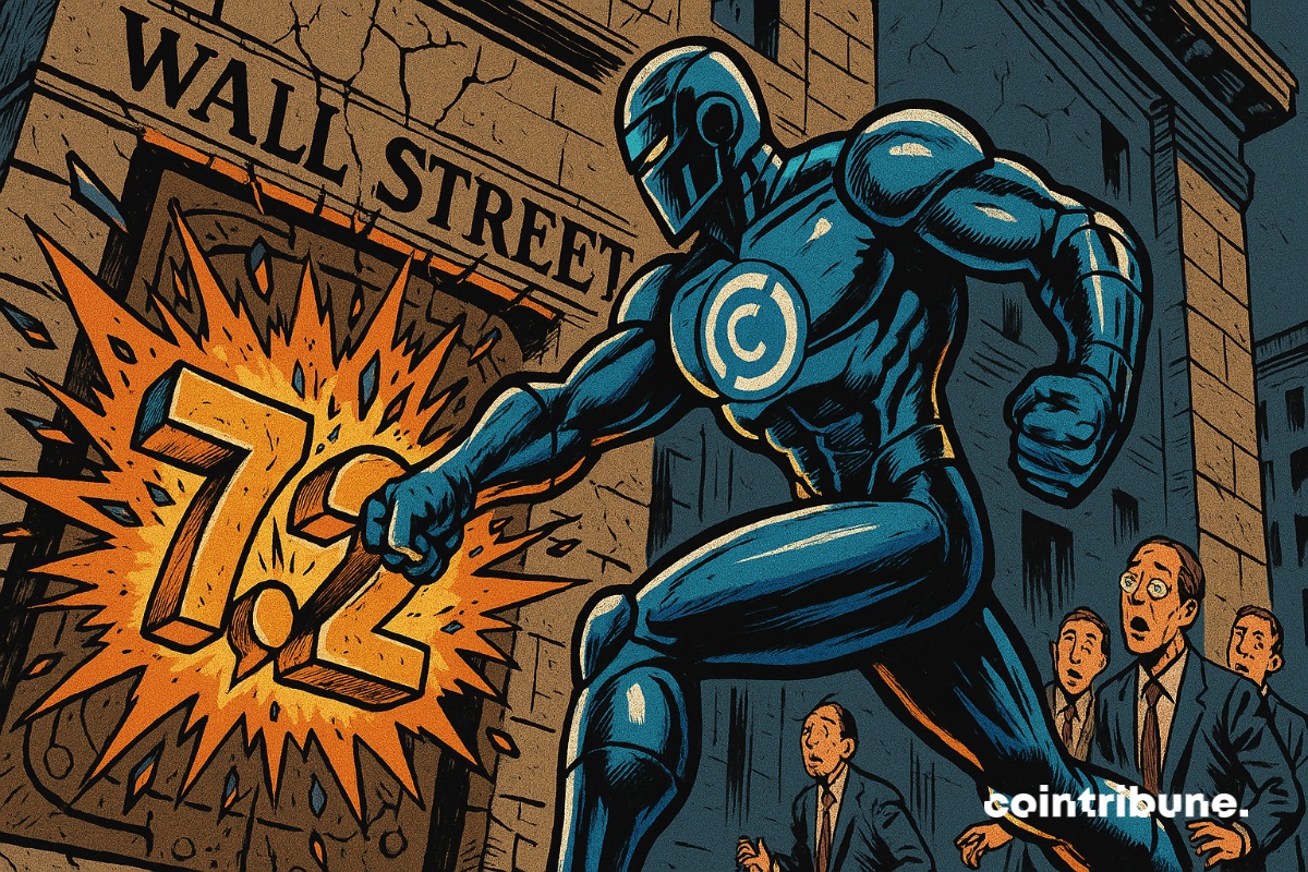 Um cavaleiro de armadura da emissora de stablecoins cripto Circle arromba uma porta de Wall Street para entrar, com US$ 7,2 bilhões escritos nela.