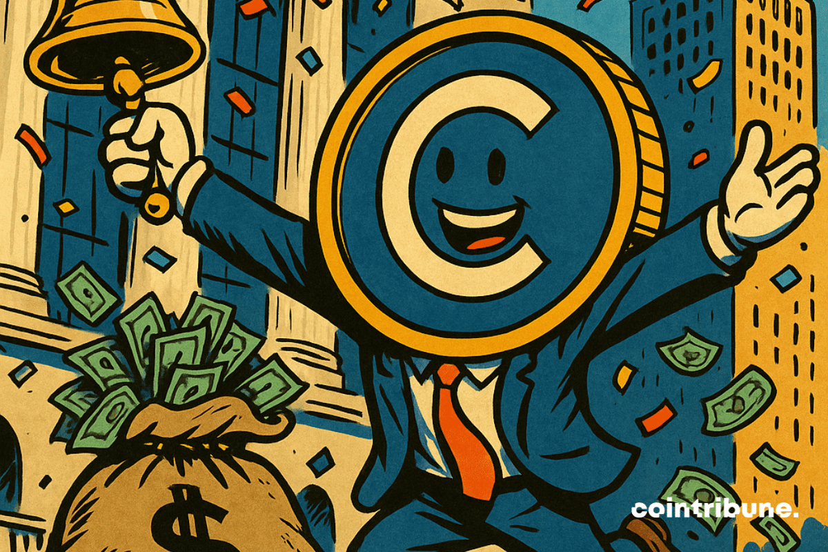 Circle CEO or crypto mascot (cartoon style, elegant costume), smiling, raising one arm and holding a golden IPO bell. A large bag marked “$3,000,000,000” torn open, with bills falling to the ground without the character noticing.
