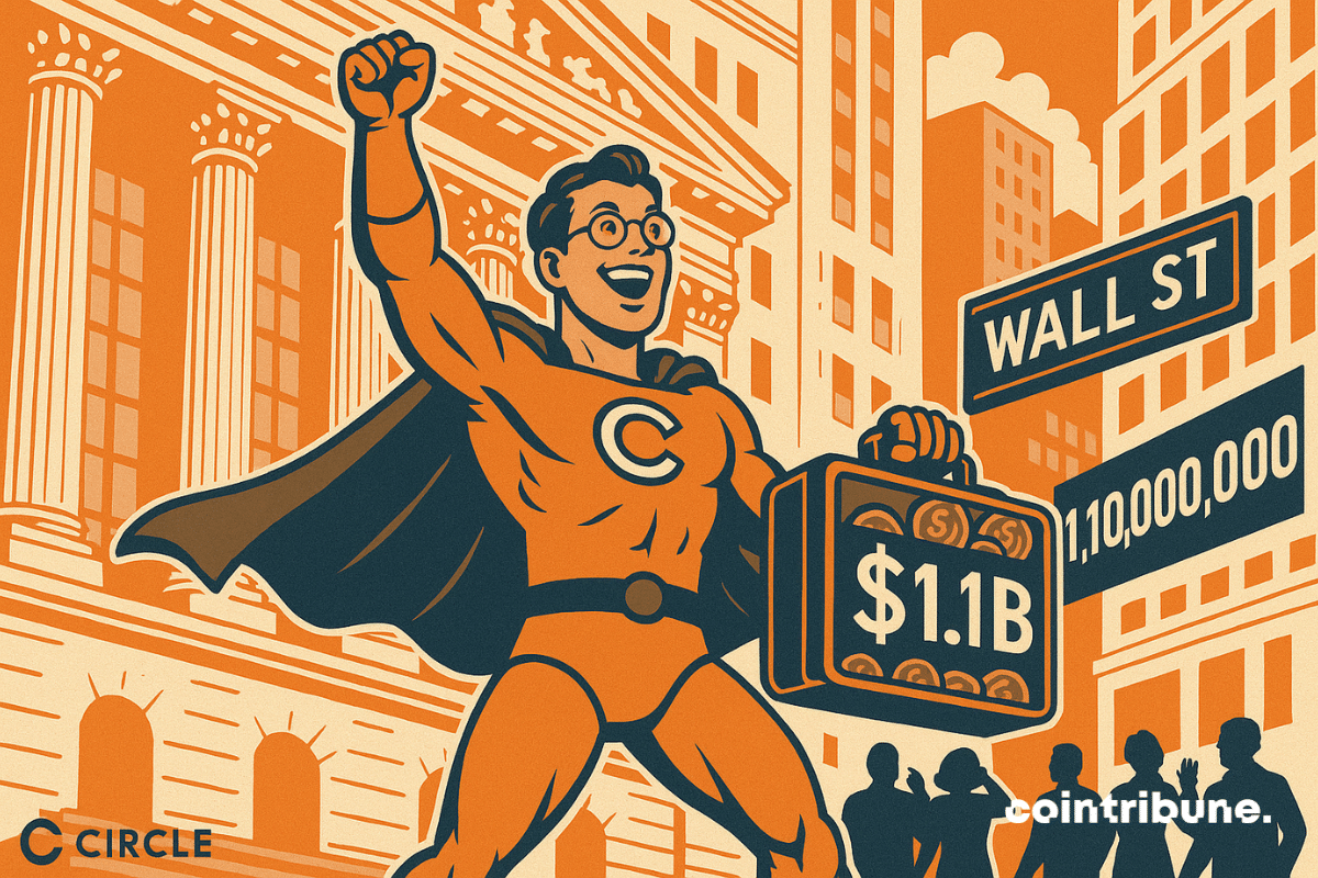 Uma tomada dinâmica de ângulo baixo da escadaria de Wall Street, com o touro dourado ao fundo. O fundador da Circle personificado como um super-herói da tecnologia.