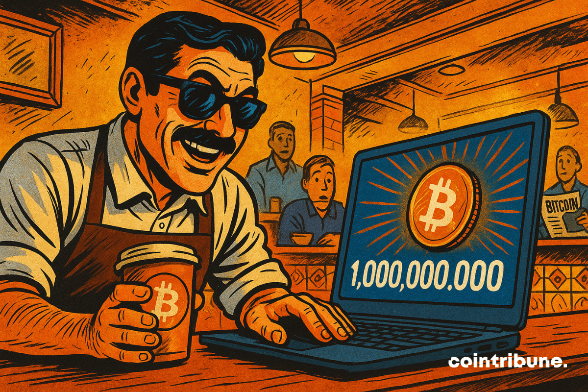 Um barista (avental de café, bigode fino), óculos escuros estilo empresário. Inclinado sobre uma tela que exibe uma carteira de criptomoedas no valor de US$ 1.000.000.000 em Bitcoin.