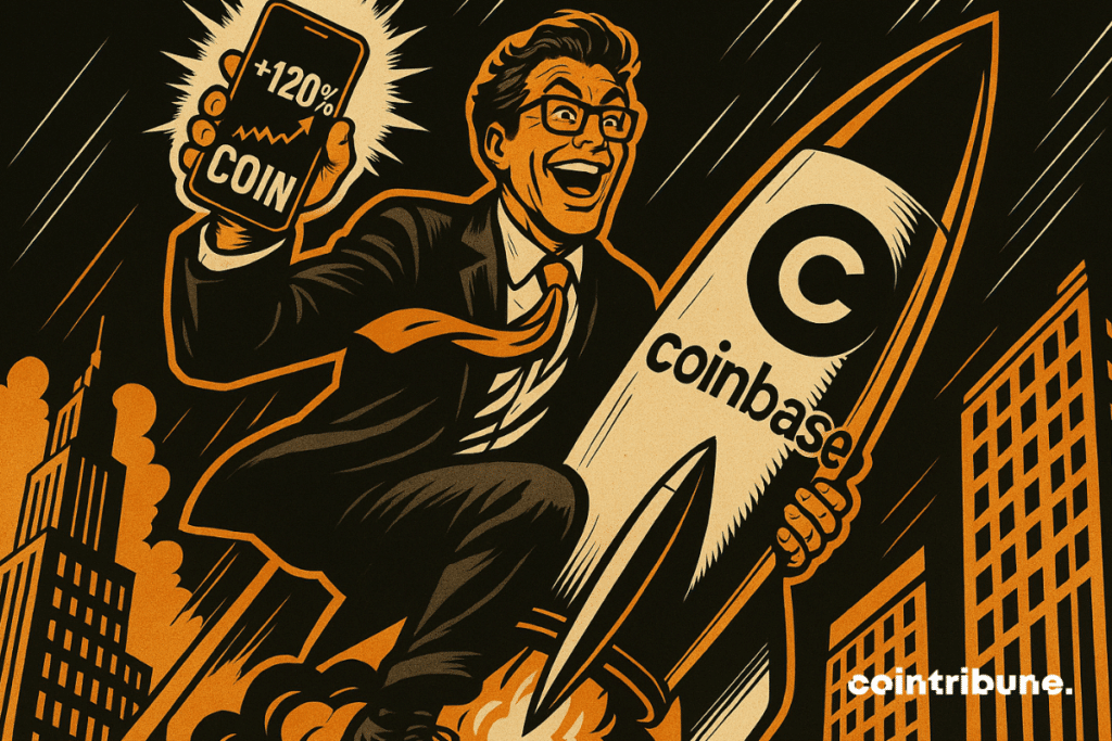 Un trader euphorique s’envole sur une fusée Coinbase, smartphone en main affichant +120 %. Explosion orange, style comics 70s. Une scène percutante incarnant la folie haussière crypto.