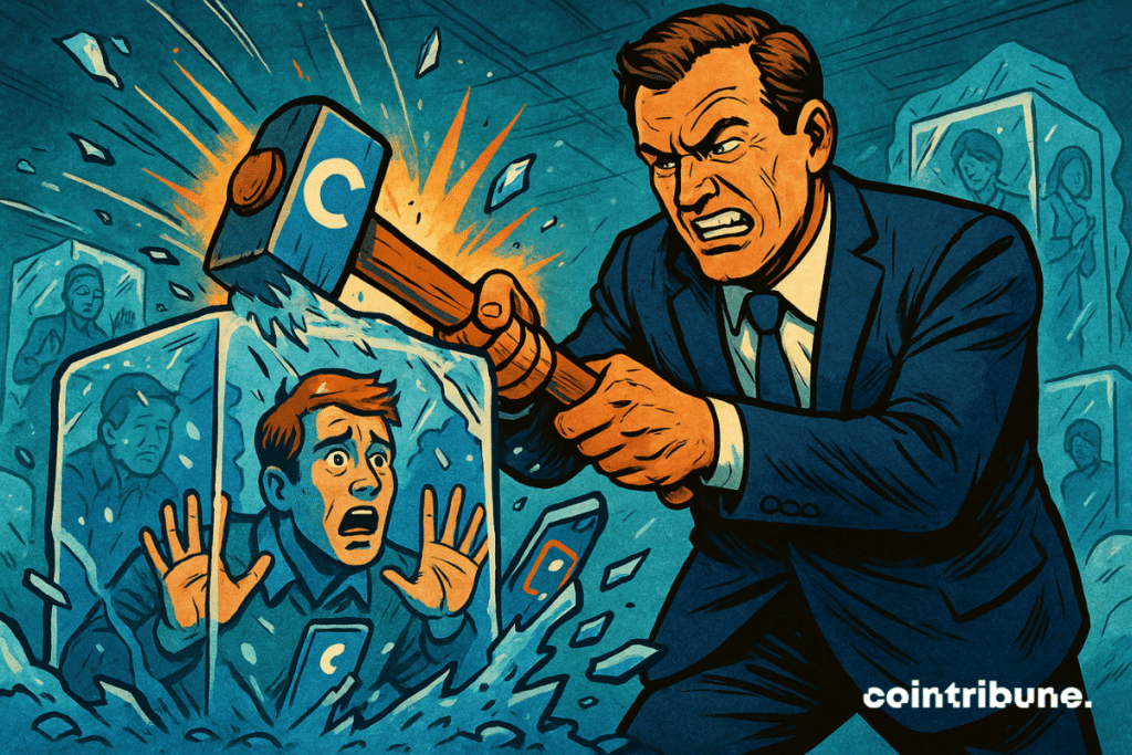 Un hombre con traje corporativo (CEO), con el ceño fruncido, sostiene un martillo brillante con el logotipo de Coinbase. Golpea un enorme bloque de hielo que contiene a un usuario atrapado, con las manos extendidas desde el interior del bloque.