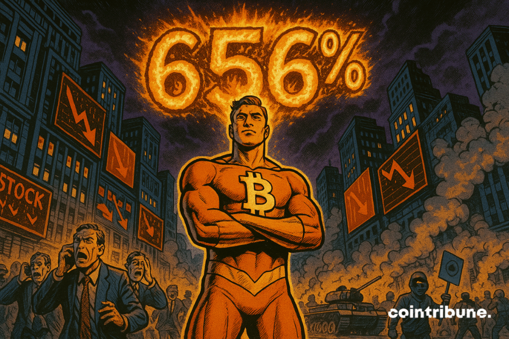 Illustration au style comics des années 1970, scène urbaine chaotique inspirée de Times Square, en contre-plongée. Au centre, un super-héros inspiré du logo Bitcoin, en combinaison orange et or avec un symbole ₿ doré sur la poitrine, bras croisés, expression calme et confiante.