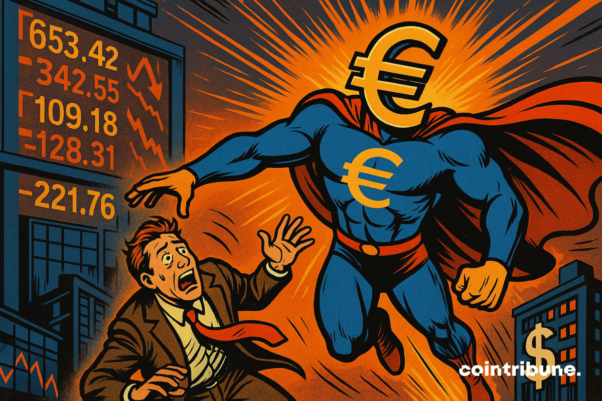 O euro personificado como um super-herói, alto e confiante, com um traje azul adornado com o símbolo “€”. Com os braços abertos e a capa esvoaçante, ele agarra no ar um investidor em pânico que cai de um prédio ao fundo, adornado com um grande símbolo do dólar “$”.