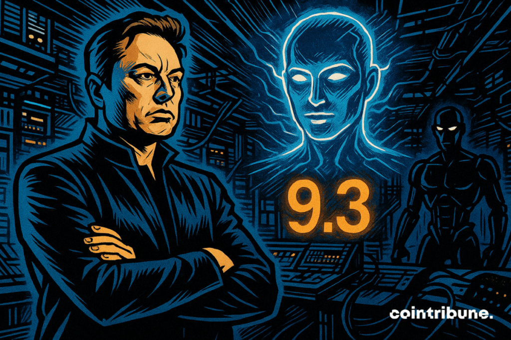 Num centro futurista, Elon Musk enfrenta um holograma de IA classificado como “9.3”, enquanto um robô ameaçador, simbolizando a OpenAI,