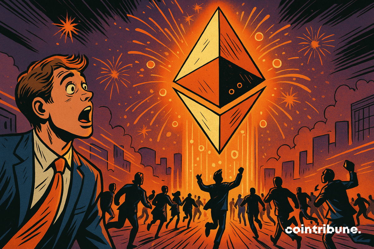 Um jovem investidor de terno, boquiaberto, observa um totem gigante do Ethereum se erguer. Um totem luminoso no formato do logotipo do Ethereum, projetando flashes laranja e roxos.