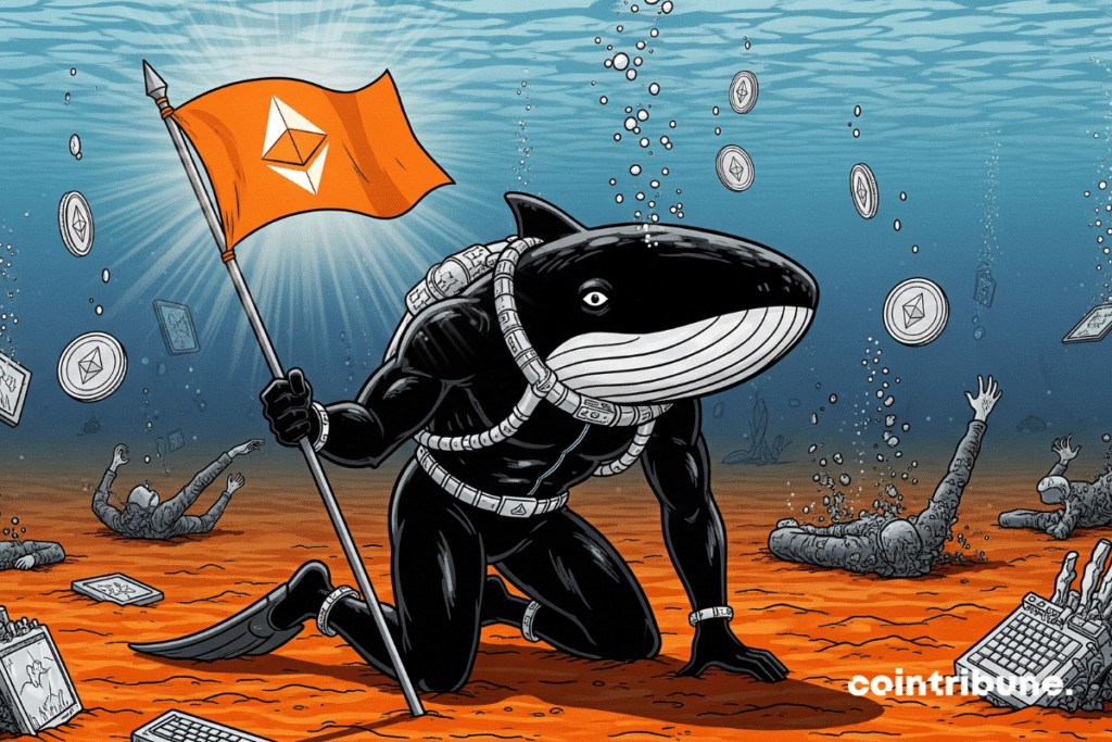 Uma baleia estoica segurando uma bandeira Ethereum plantada em solo fraturado