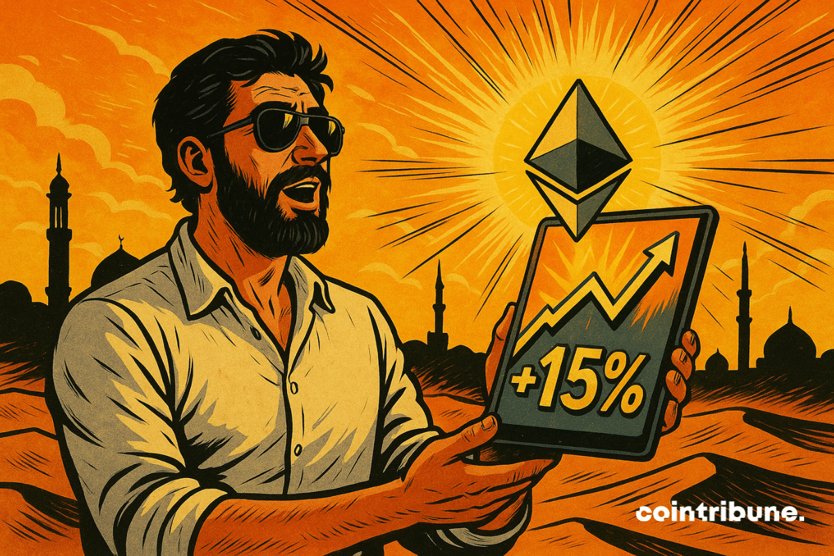 A bearded trader in a white shirt gazes in wonder at a tablet displaying +15% on Ethereum, in a desert bathed in orange light, with minarets in the background and a bright sun.