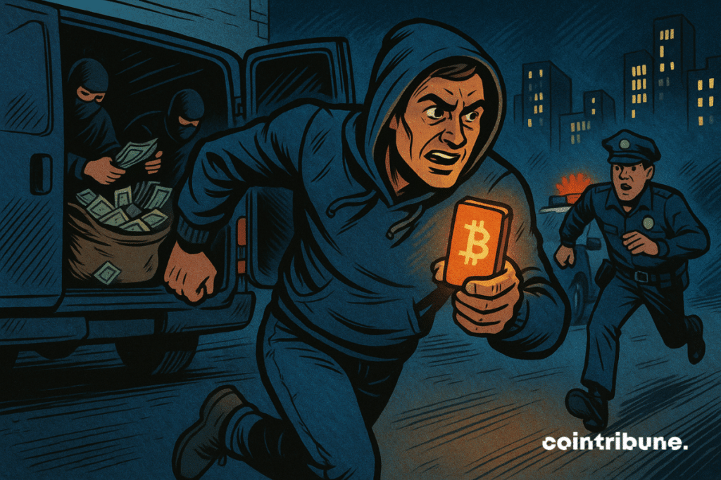 Hooded crypto victim, arms tied, eyes wide open. Phone screen displaying a large crypto sum