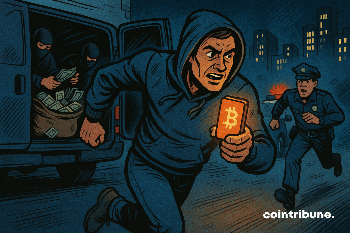 Vítima de criptomoeda encapuzada, braços amarrados, olhos arregalados. Tela do celular exibindo uma grande quantia em criptomoeda.