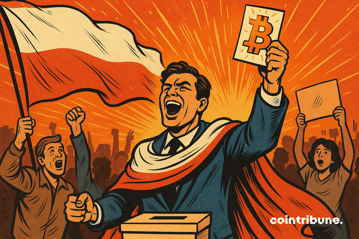 Um político de terno, envolto na bandeira polonesa, segura orgulhosamente uma cédula de votação marcada com o símbolo do Bitcoin ₿. Ao seu redor, uma multidão eufórica comemora sua vitória. O fundo explosivo em laranja e vermelho evoca uma revolução eleitoral. O estilo é o de uma história em quadrinhos dos anos 1970, enérgico e contrastante.