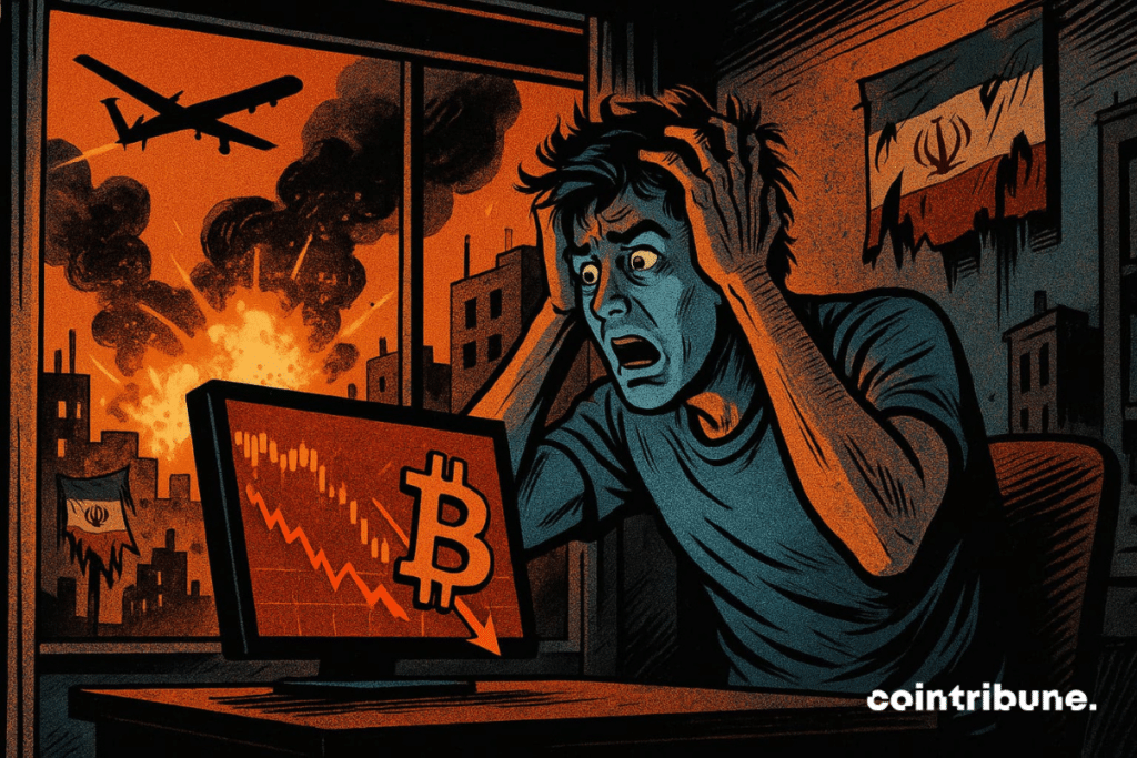 Escritório moderno iluminado pelo brilho dos monitores, close-up de um trader de terno amarrotado, inclinado sobre seus vários monitores. Um trader de Bitcoin, camisa desabotoada, gravata afrouxada, expressão de choque e descrença, uma mão na testa. Tela principal exibindo “103.000 dólares” em grandes números vermelhos com uma seta para baixo.