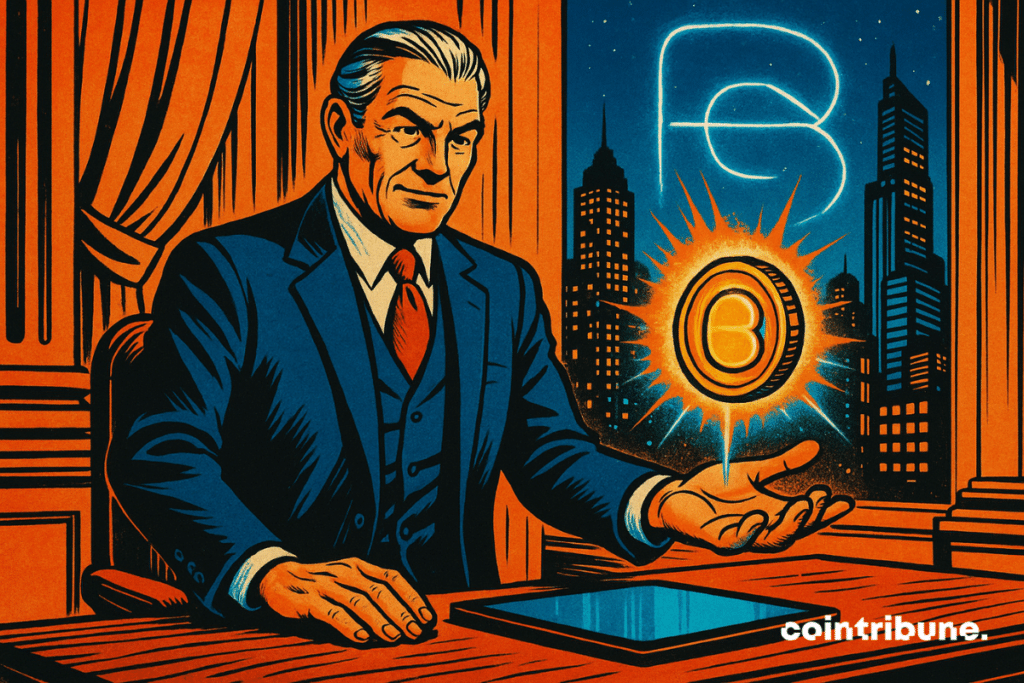 Un banquier charismatique de JPMorgan fait léviter un jeton blockchain lumineux au-dessus d’une tablette, dans un bureau luxueux surplombant une ville futuriste où s’illumine un « B » stylisé.