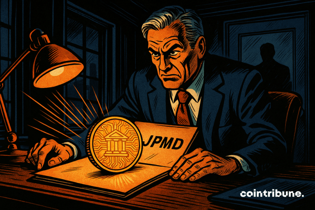 Jamie Dimon, PDG de JP Morgan, tendu, découvre un stablecoins dorée mystérieuse marquée "JPMD" dans un dossier confidentiel, éclairé par une lampe orange, sous le regard d'une silhouette cachée derrière une vitre.