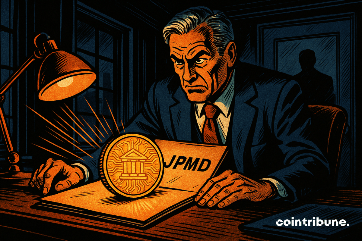 A tense Jamie Dimon, CEO of JP Morgan, discovers a mysterious gold stablecoin marked "JPMD" in a confidential file, illuminated by an orange lamp, as a figure behind a glass window watches.