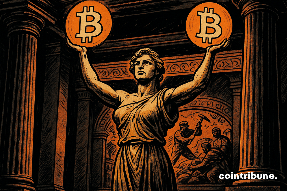 Bitcoin long-term holders symbolised by a strong figure balancing two Bitcoin icons, reflecting market stability.