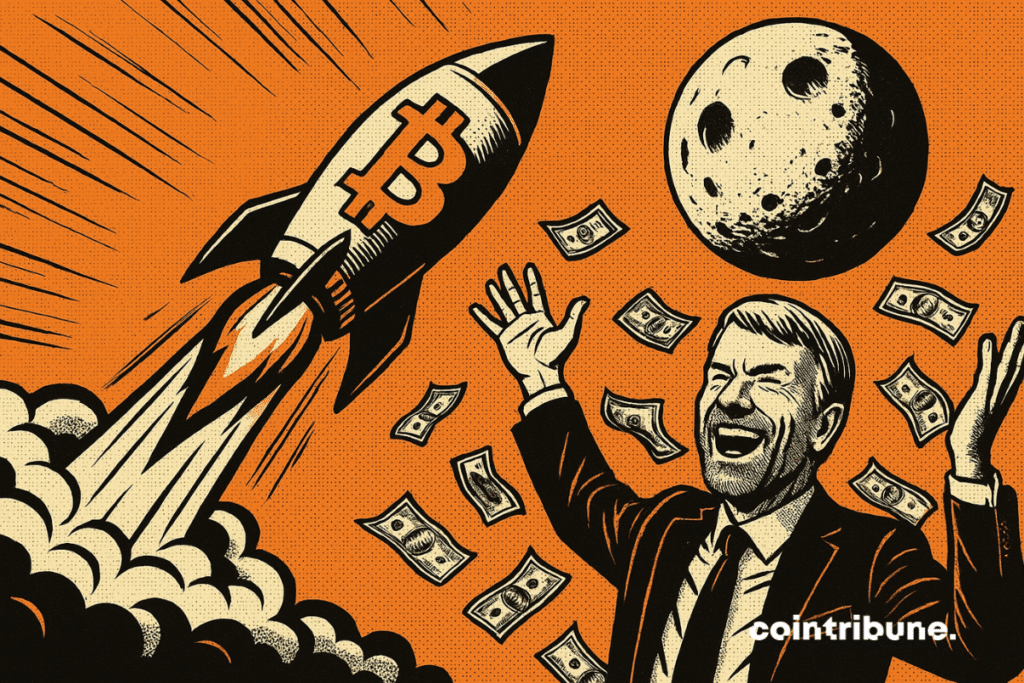 Michael Saylor souriant avec les bras levés devant une fusée bitcoin décollant vers la lune, avec des billets de banque qui volent.