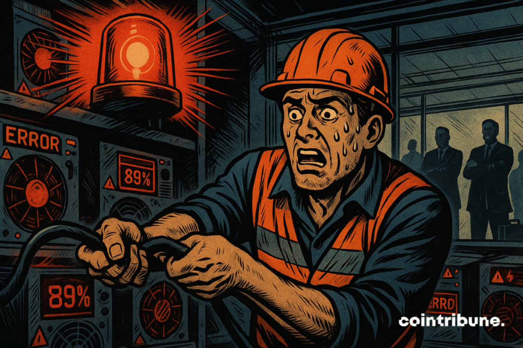 Um minerador de Bitcoin em pânico puxa um cabo em uma fazenda de mineração superaquecida. Alarmes vermelhos, suor, tensão extrema e agentes fiscais ao fundo acentuam a urgência dramática.